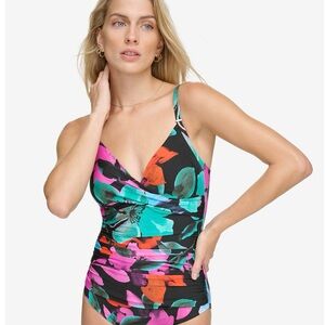 Calvin Klein Pink and Green One Piece Swimwear V-Neck